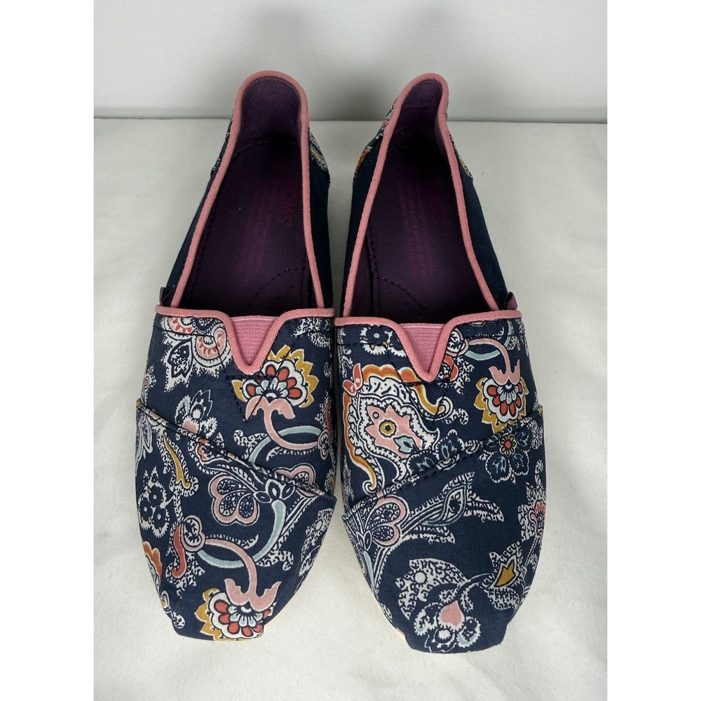 Toms Girl Shoes Classic Navy Blue Paisley Multi Canvas Youth Size 2.5 Y